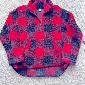 OLD NAVY buffalo print red and black Teddy pullover
